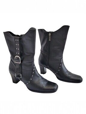 Harley Davidson‎ Johanna Studded Black Leather Moto Boots Heel Size 8.5